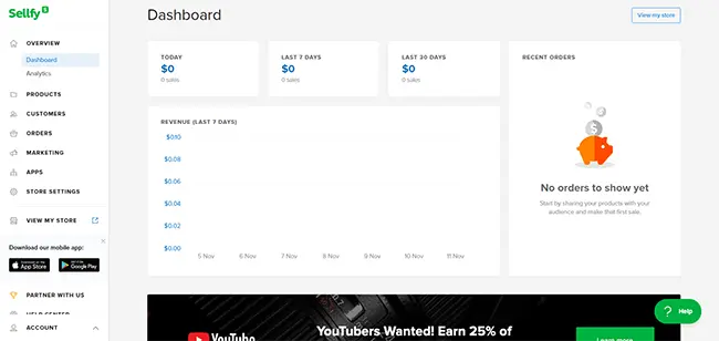 Sellfy ecommerce dashboard