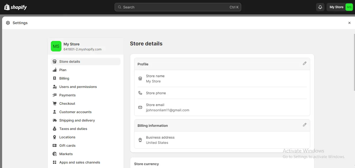 Shopify Contact Details